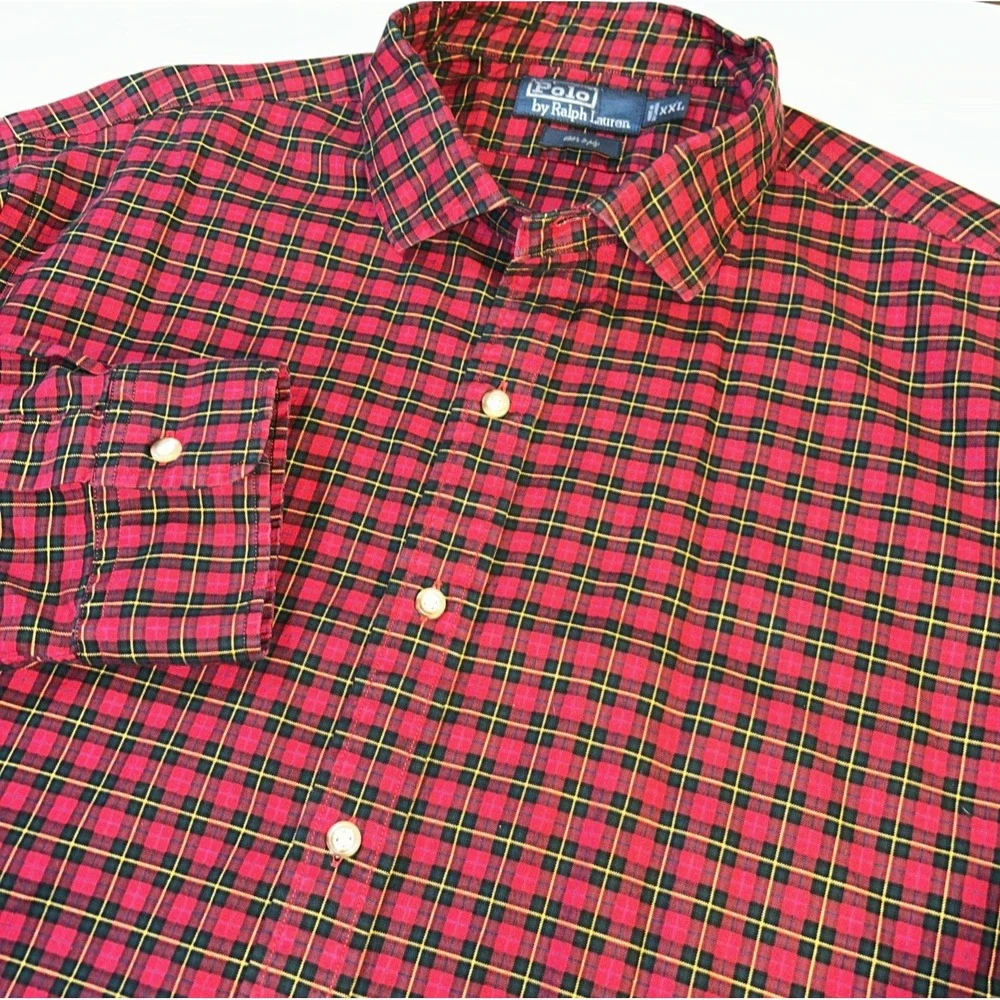 Ralph Lauren Shirt Men‎ Red Black Plaid Button Up Long Sleeve Polo Logo Sz XXL